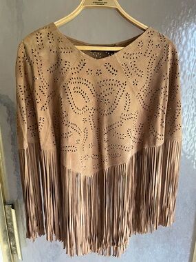 Authentic Deerskin Suede Fringed Suede Poncho in Taupe